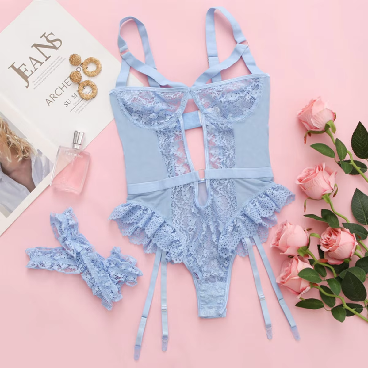 2Pcs Red Floral Lace Garter Lingerie Set with Choker Women Intimates 2022 Underwire Bra and Thongs Ladies Underwear Set – Image 5