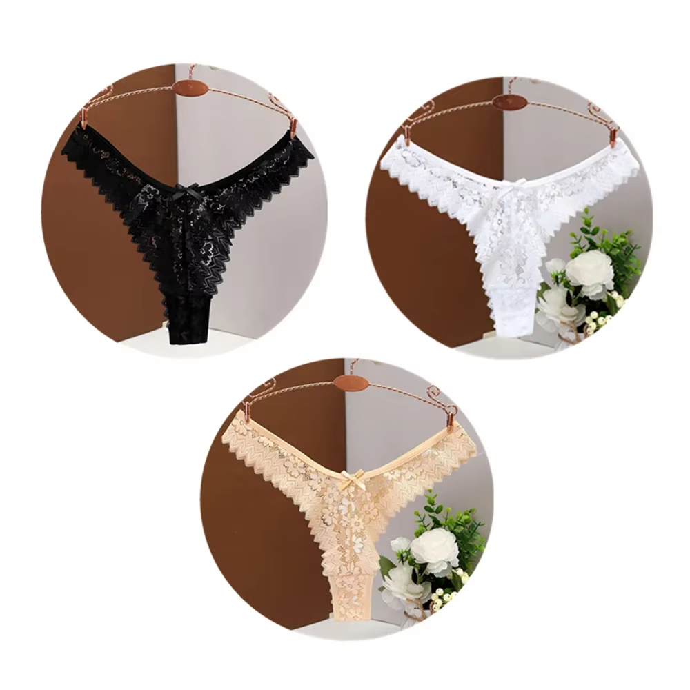 3PC Free Shipping Sexy T Back Woman Thong Panty Mid Waist Lace Panties Transparent Underwear "V-Shape" Girls Erotic Panty – Image 12
