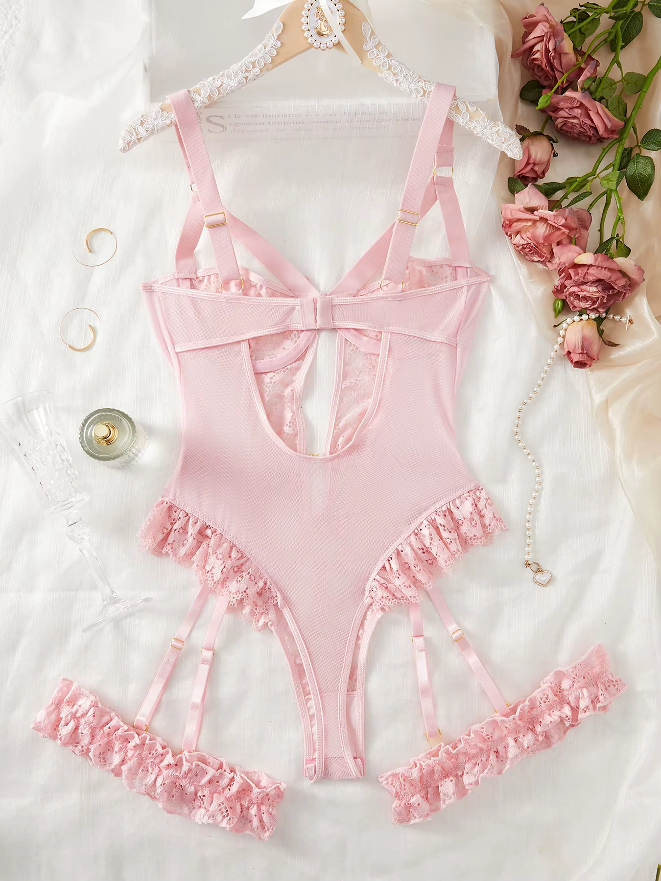 2Pcs Red Floral Lace Garter Lingerie Set with Choker Women Intimates 2022 Underwire Bra and Thongs Ladies Underwear Set – Image 3