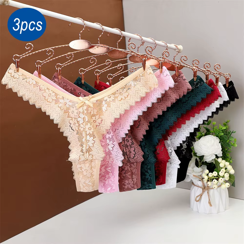 3PC Free Shipping Sexy T Back Woman Thong Panty Mid Waist Lace Panties Transparent Underwear "V-Shape" Girls Erotic Panty – Image 2